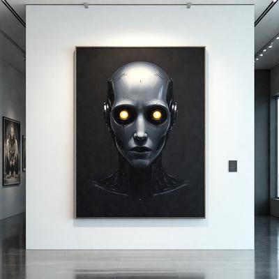 The primary subject of the image is a large, black and white painting of a robot's face. The setting is a white wall, and the visual style appears to be a digital art or illustration. The dominant colors in the painting are black and white, creating a stark and dramatic atmosphere.